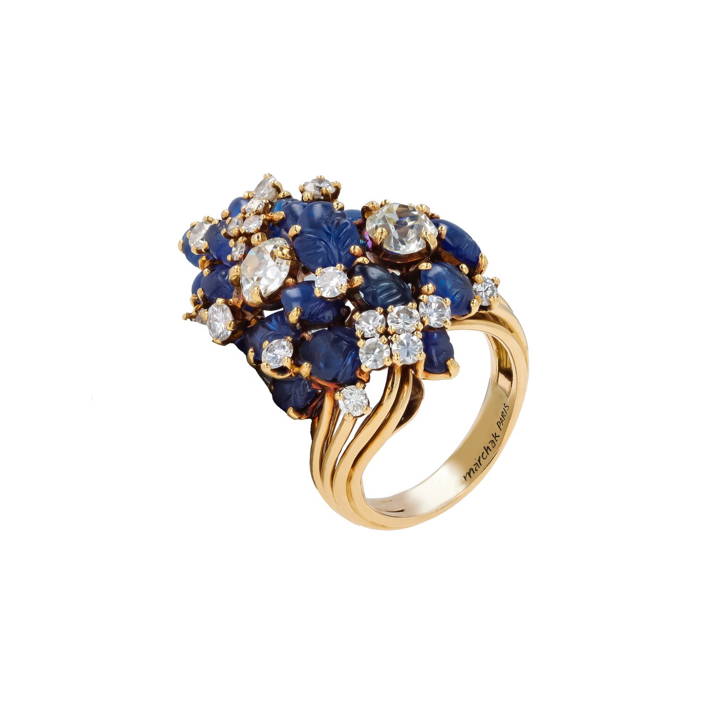 Marchak Paris 1940s 18KT Yellow Gold Sapphire & Diamond Ring front