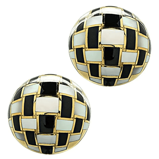 Tiffany & Co. 1980s 18KT Yellow Gold Mother of Pearl & Onyx Earrings front