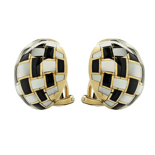 Tiffany & Co. 1980s 18KT Yellow Gold Mother of Pearl & Onyx Earrings front