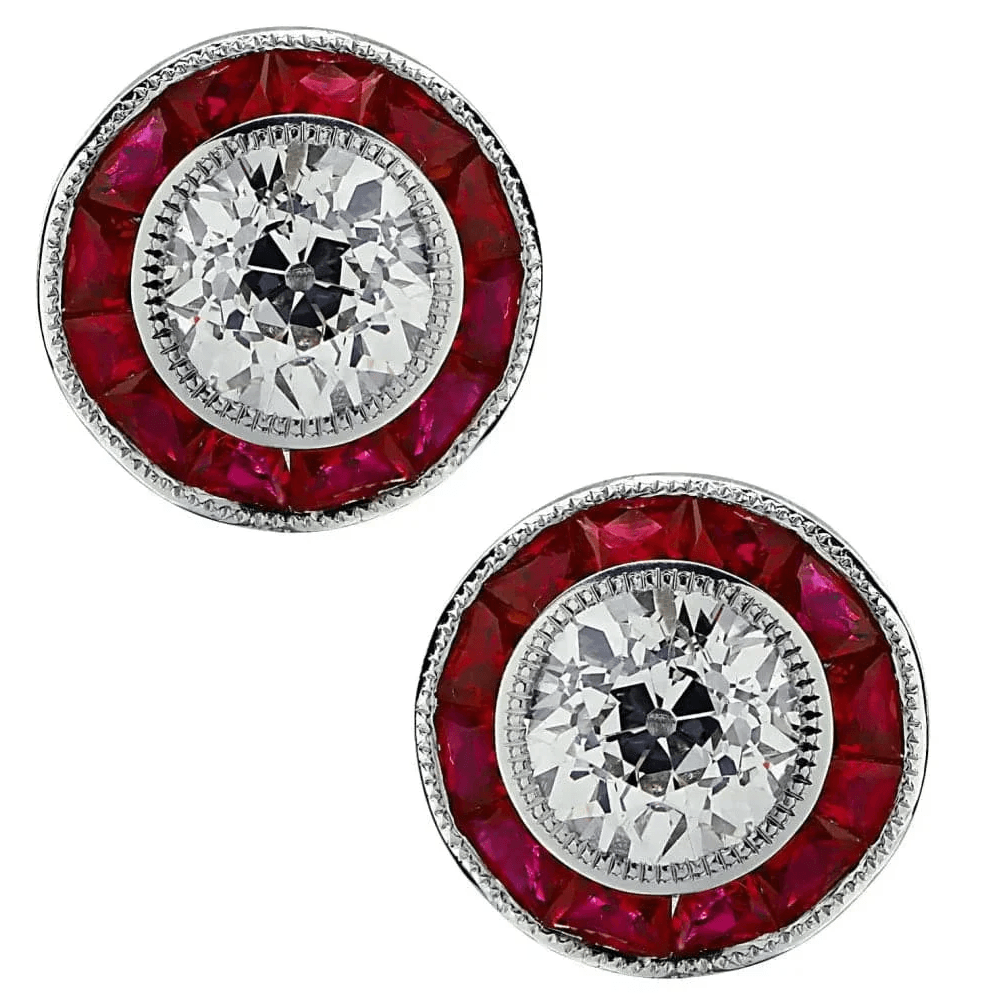 Contemporary Platinum Diamond & Ruby Earrings front