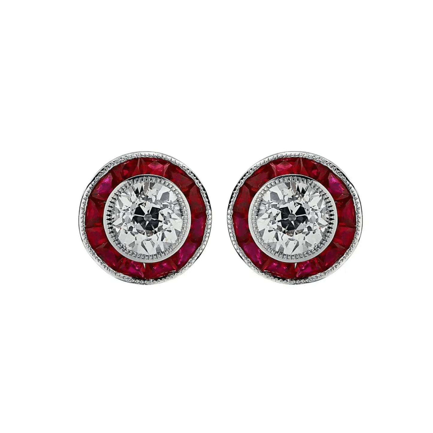 Contemporary Platinum Diamond & Ruby Earrings front