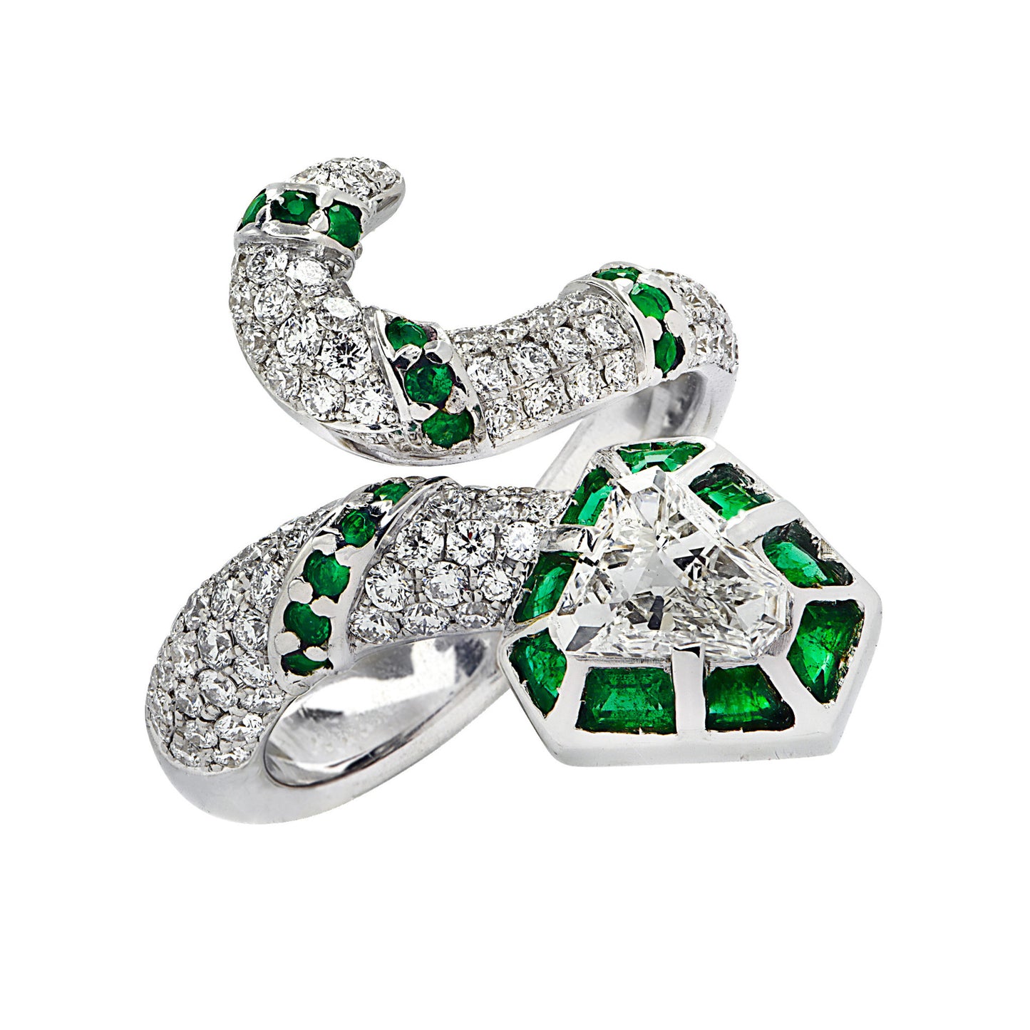 Contemporary 18KT White Gold Diamond & Emerald Snake Ring front