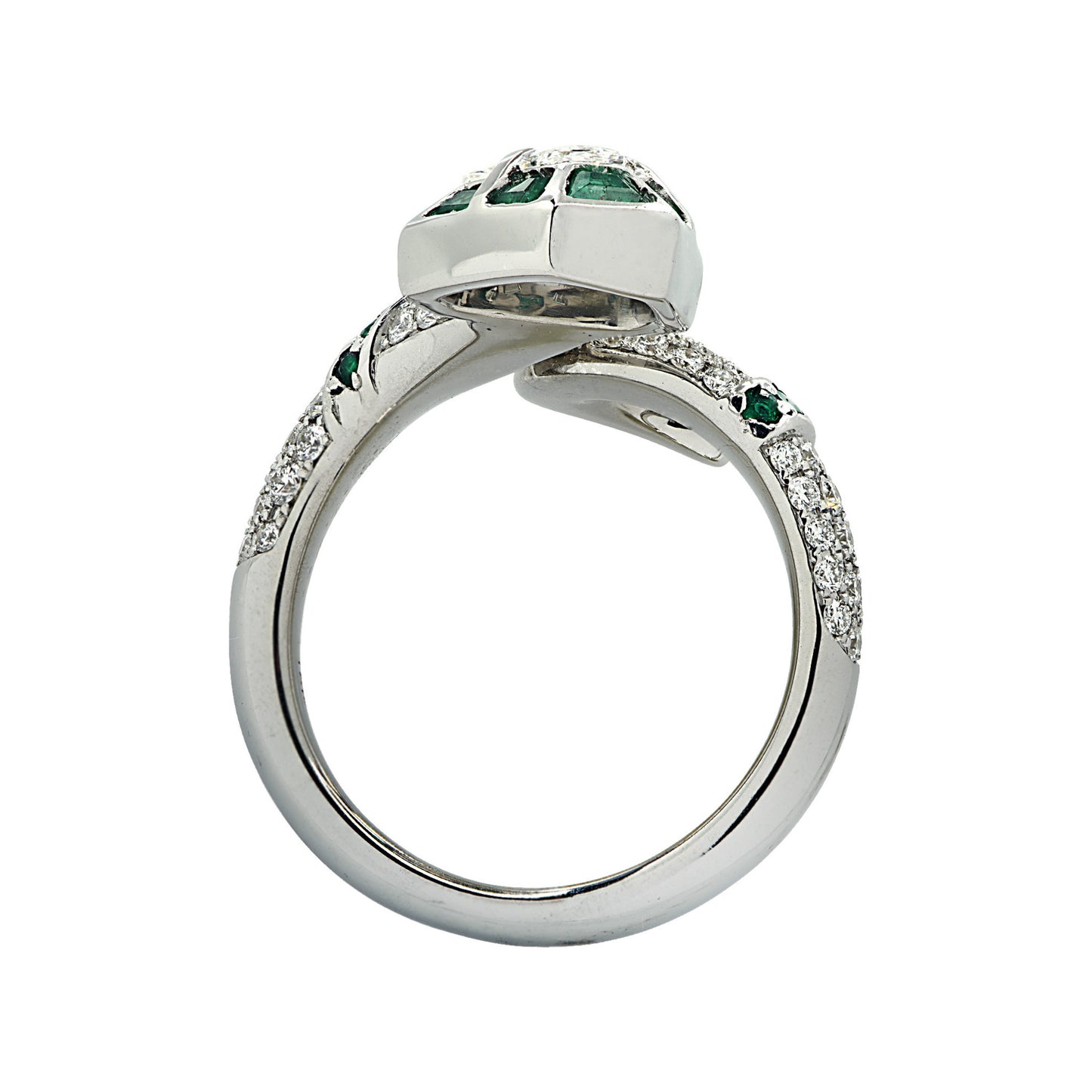 Contemporary 18KT White Gold Diamond & Emerald Snake Ring profile