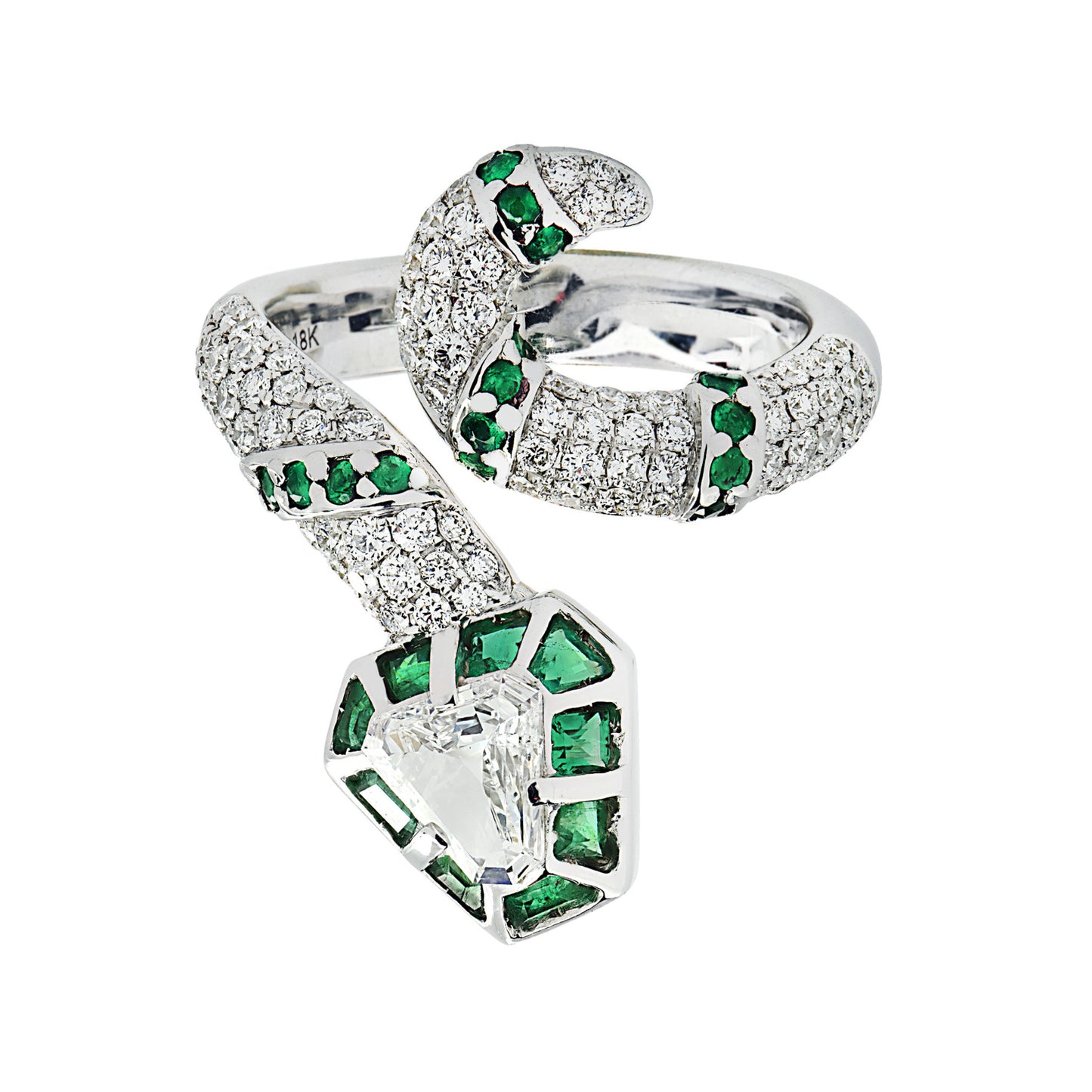 Contemporary 18KT White Gold Diamond & Emerald Snake Ring front