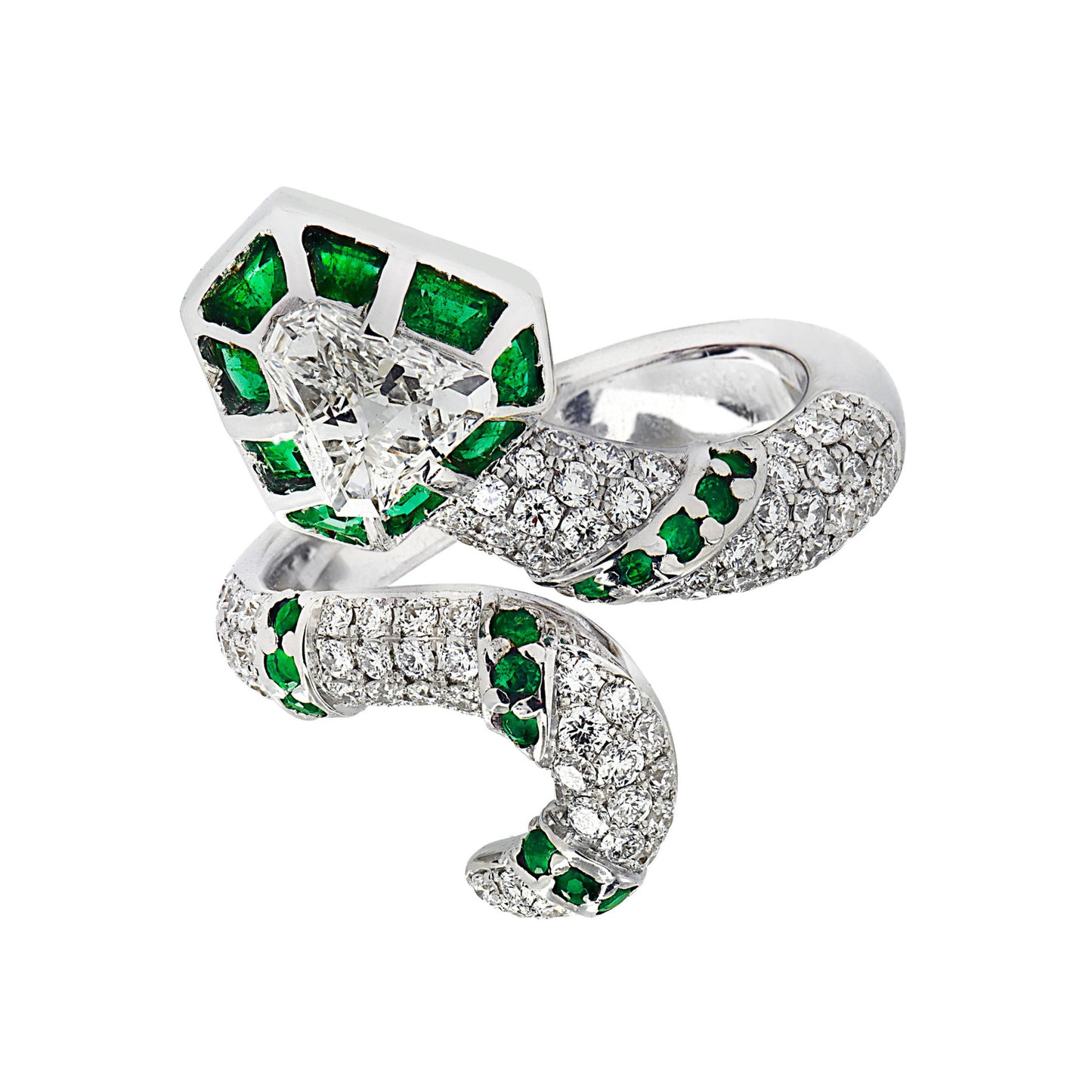 Contemporary 18KT White Gold Diamond & Emerald Snake Ring front