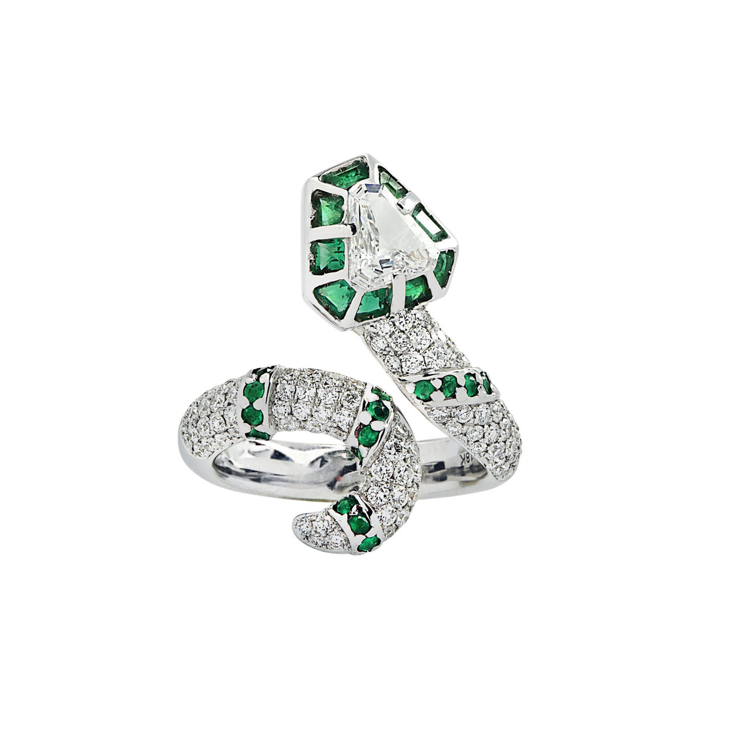 Contemporary 18KT White Gold Diamond & Emerald Snake Ring front