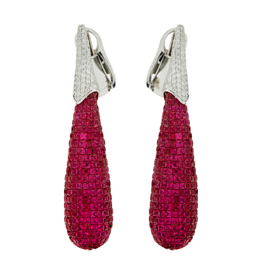 Post-1980s 18KT White Gold Ruby & Diamond Earrings side
