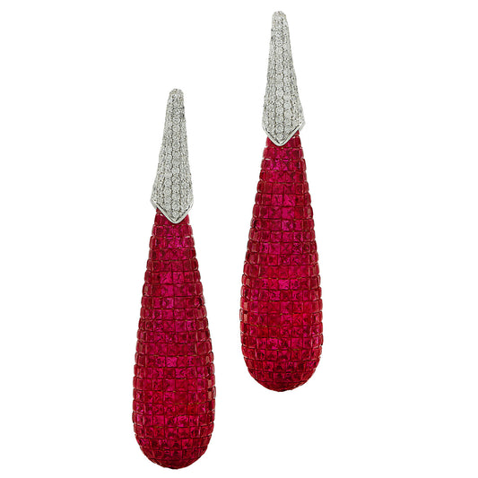 Post-1980s 18KT White Gold Ruby & Diamond Earrings front