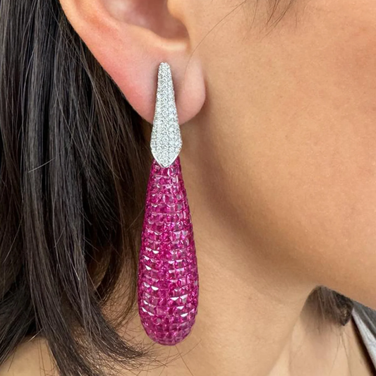Post-1980s 18KT White Gold Ruby & Diamond Earrings on ear