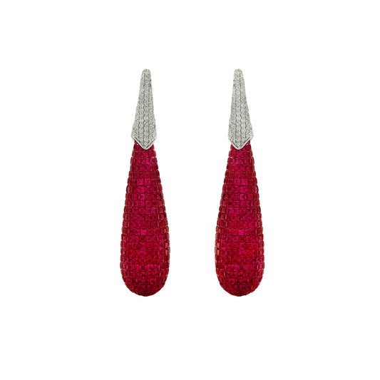 Post-1980s 18KT White Gold Ruby & Diamond Earrings front