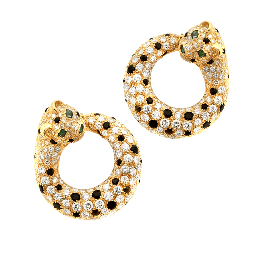 1980s 18KT Yellow Gold Diamond, Emerald & Onyx Panther Earrings front
