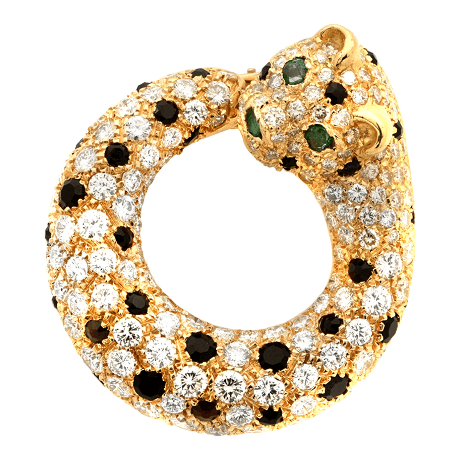 1980s 18KT Yellow Gold Diamond, Emerald & Onyx Panther Earrings front
