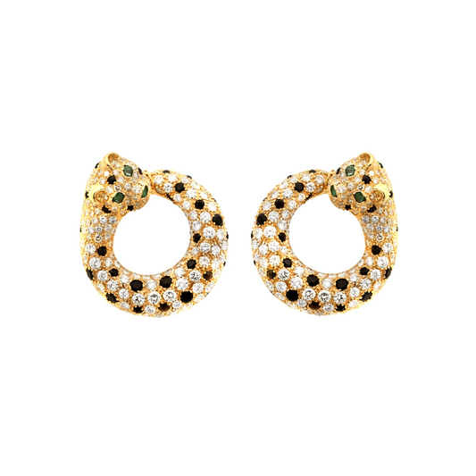 1980s 18KT Yellow Gold Diamond, Emerald & Onyx Panther Earrings front