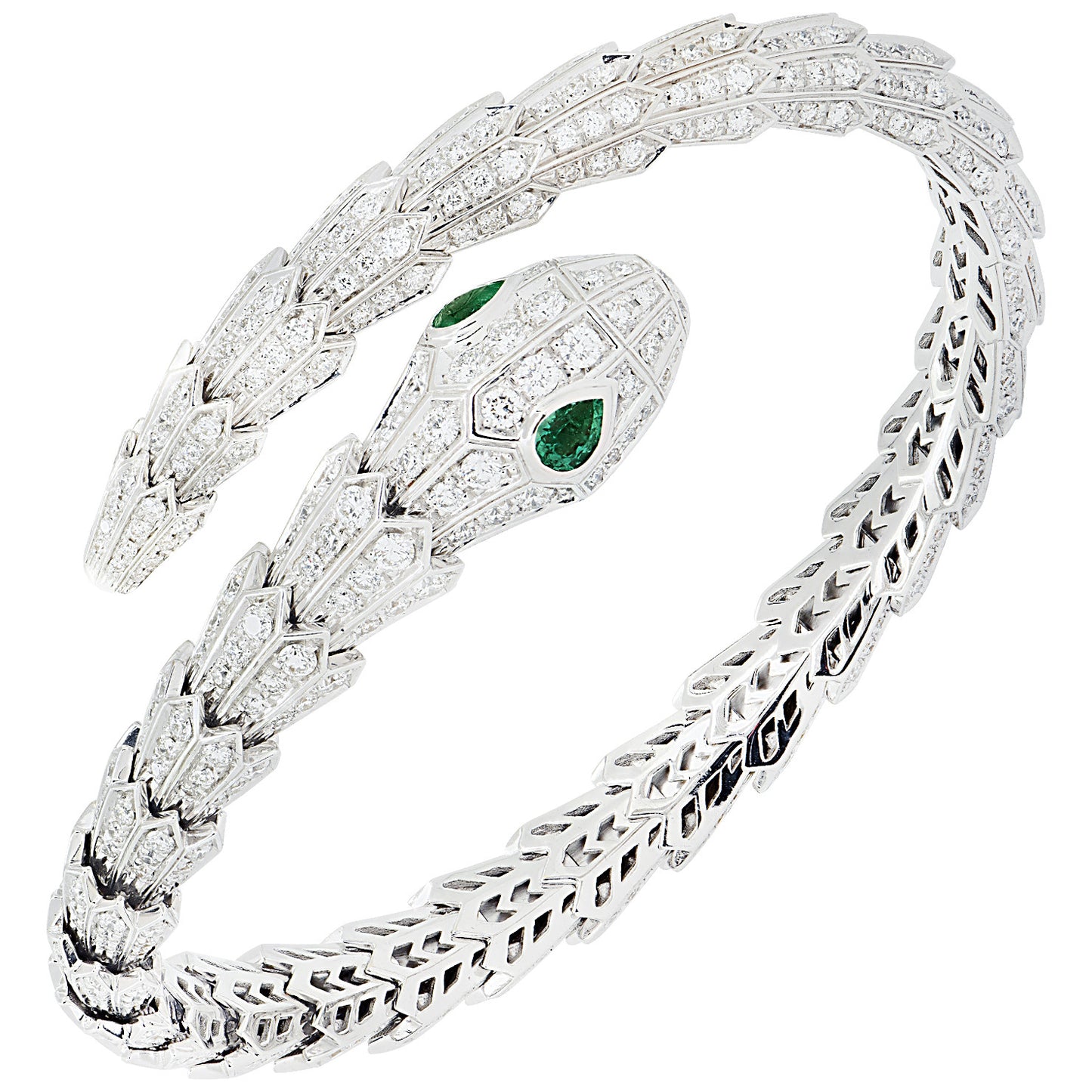 Bulgari Post-1980s 18KT White Gold Diamond & Emerald Serpenti Bracelet front