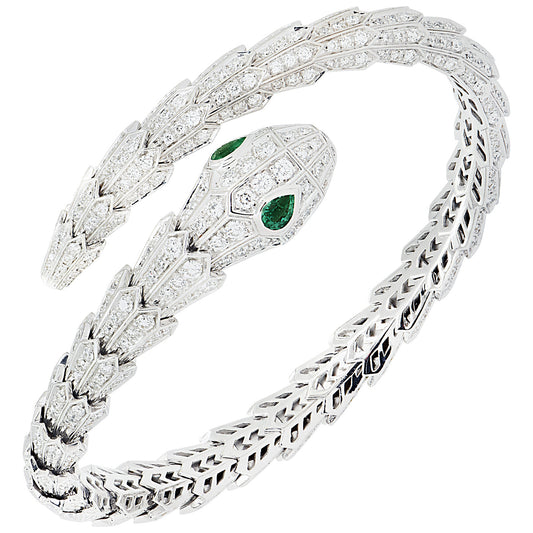 Bulgari Post-1980s 18KT White Gold Diamond & Emerald Serpenti Bracelet front