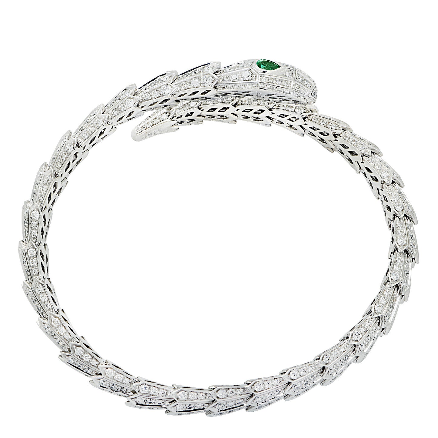 Bulgari Post-1980s 18KT White Gold Diamond & Emerald Serpenti Bracelet profile