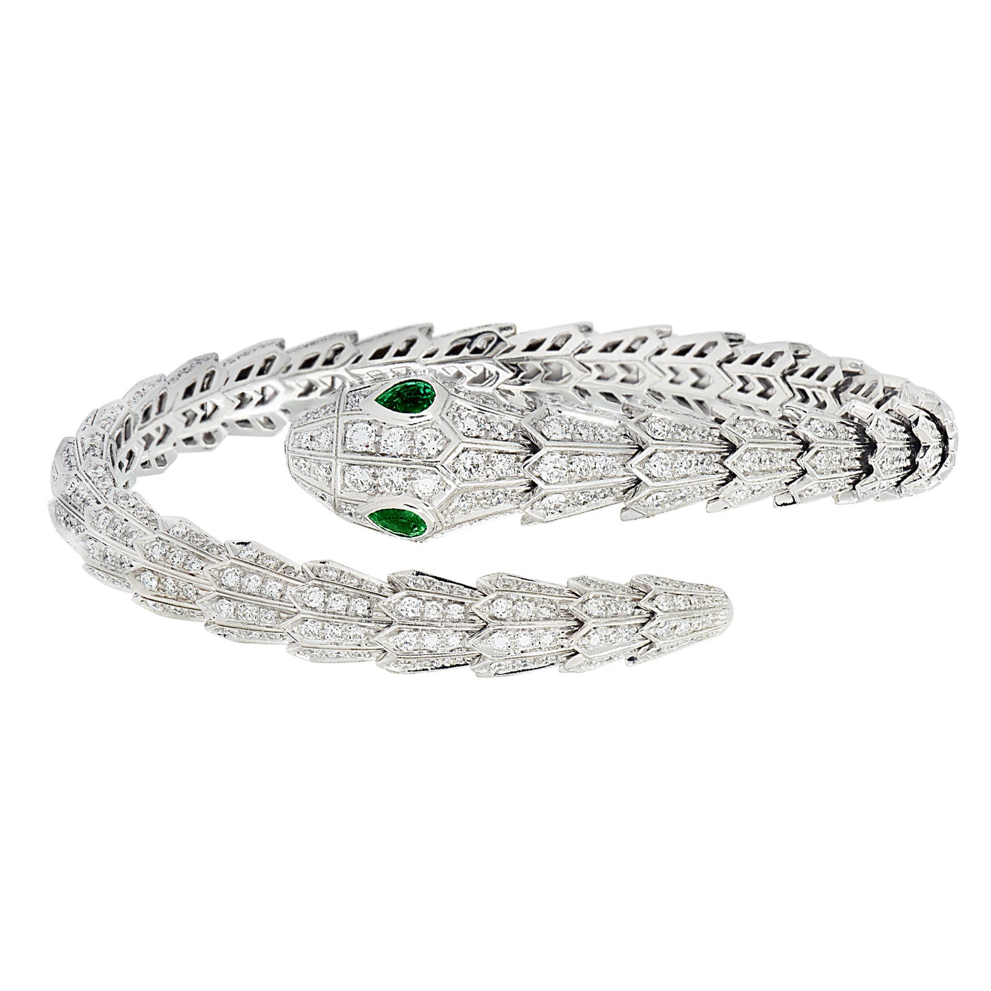 Bulgari Post-1980s 18KT White Gold Diamond & Emerald Serpenti Bracelet front