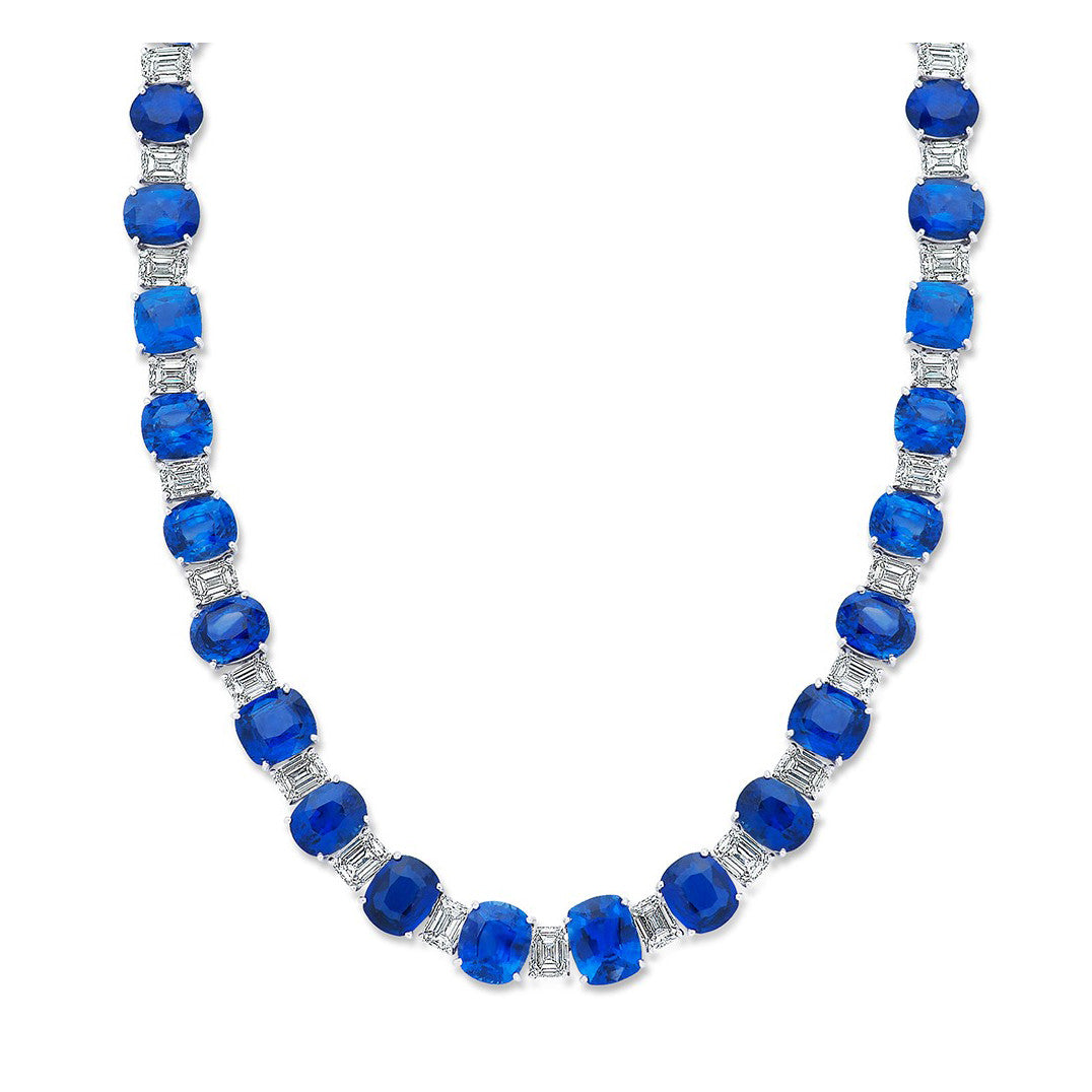 Contemporary Platinum Sapphire & Diamond Necklace front