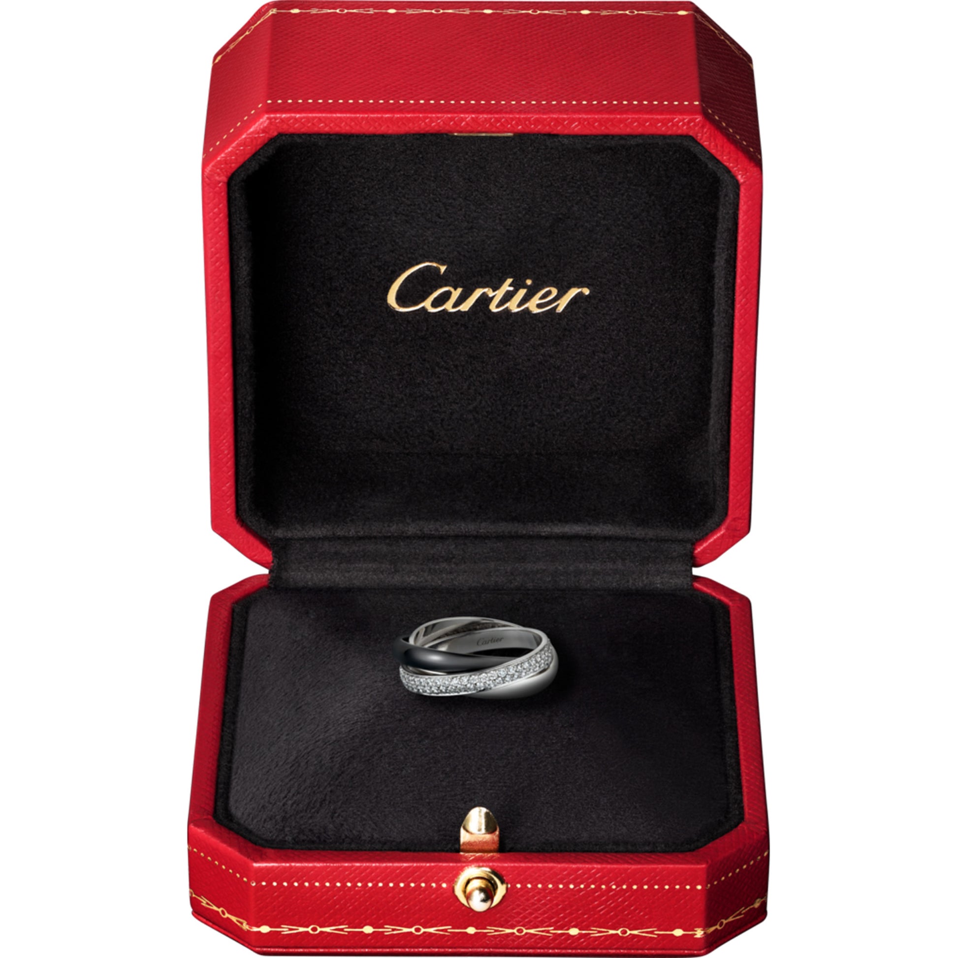 Cartier Post-1980s 18KT White Gold Diamond & Ceramic Trinity Ring in box