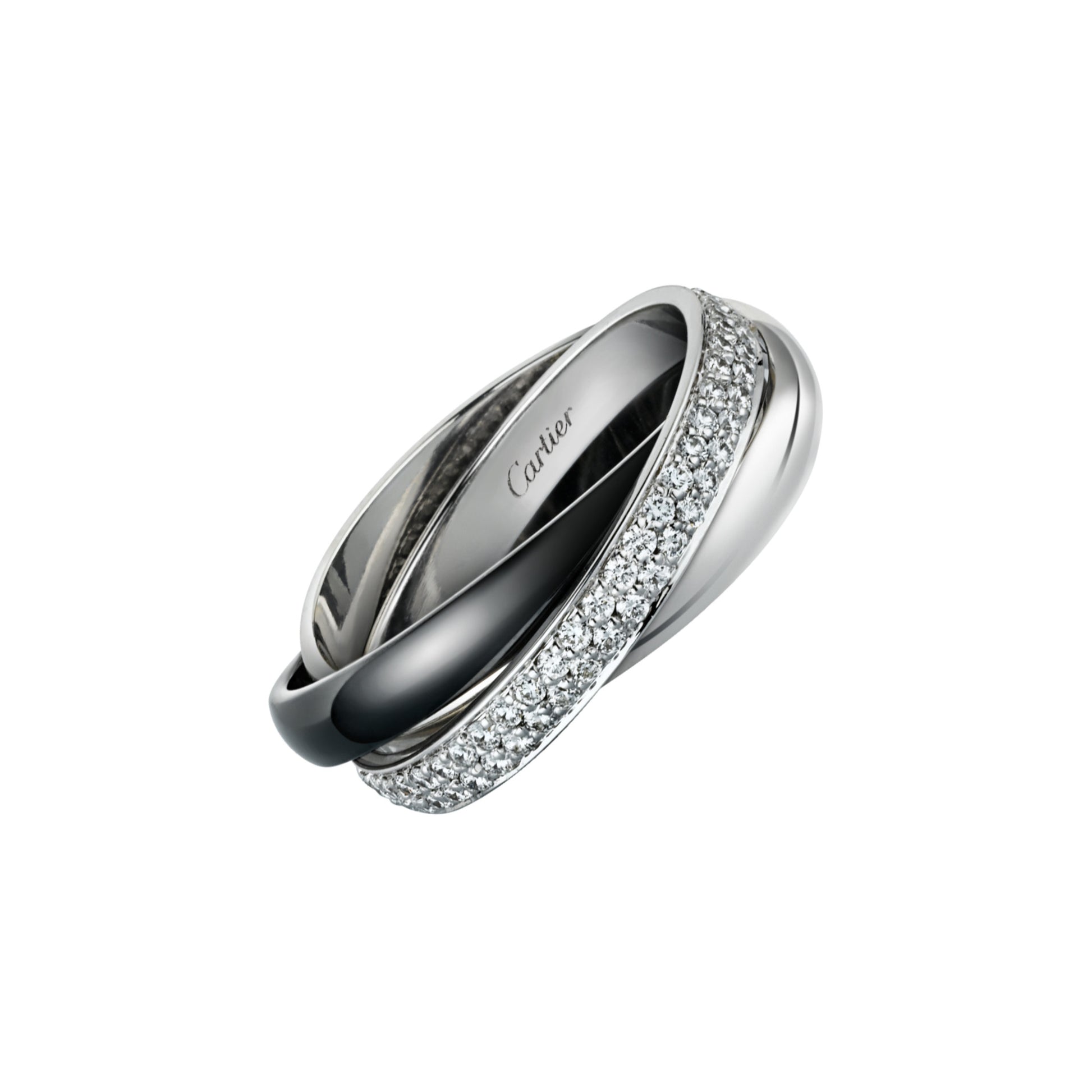 Cartier Post-1980s 18KT White Gold Diamond & Ceramic Trinity Ring front