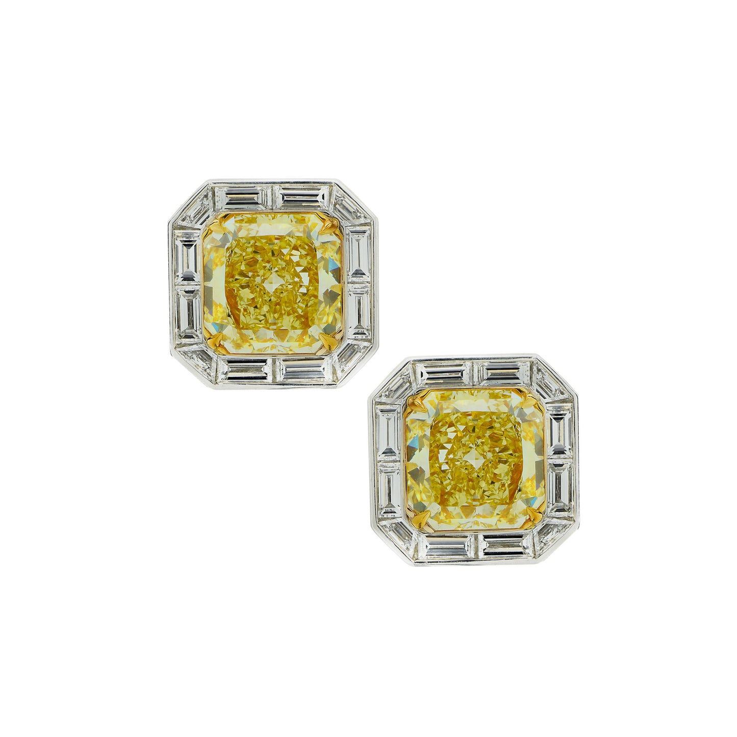 Contemporary Platinum White & Yellow Diamond Earrings front