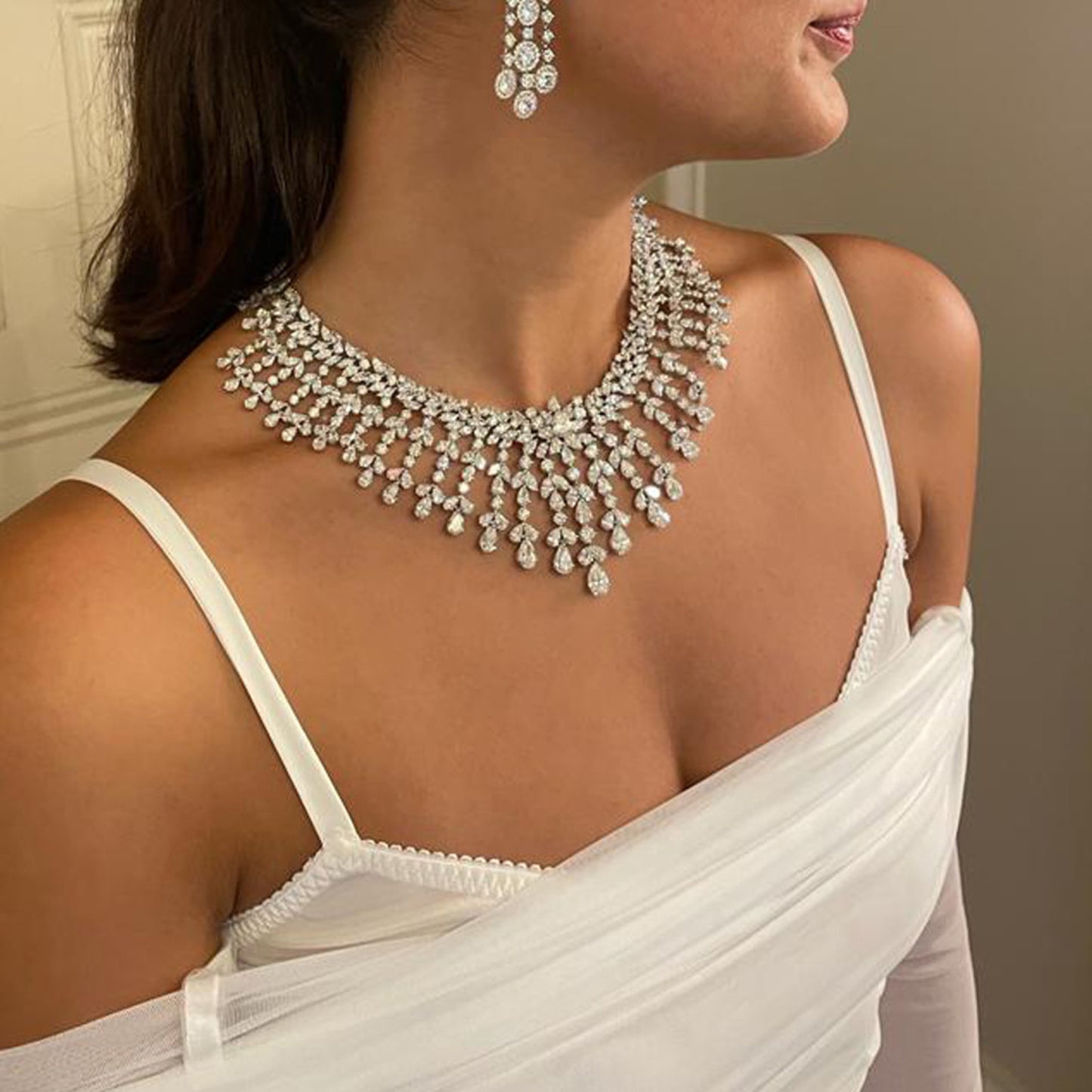 Contemporary Platinum Diamond Necklace on neck