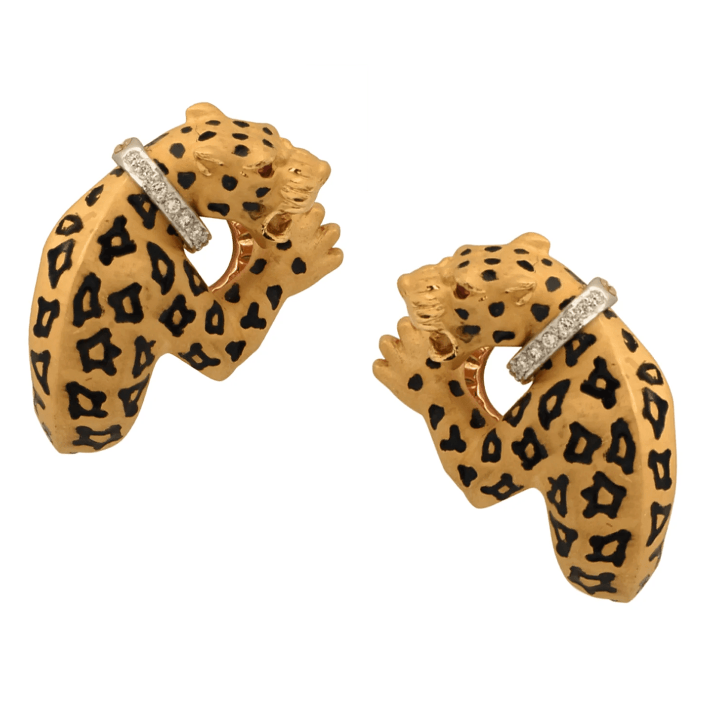 Carrera Post-1980s 18KT Yellow Gold Diamond & Enamel Panther Earrings front