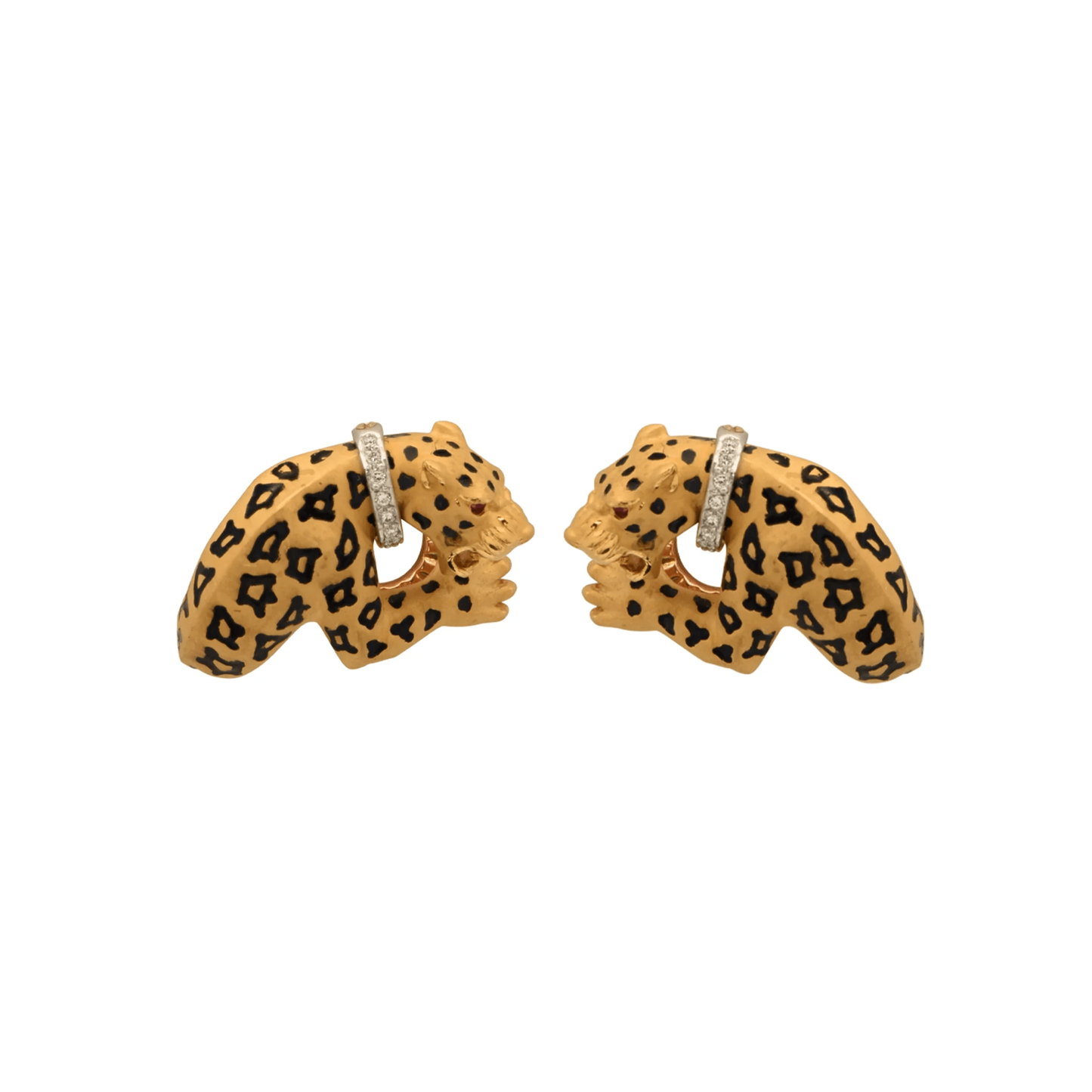 Carrera Post-1980s 18KT Yellow Gold Diamond & Enamel Panther Earrings front