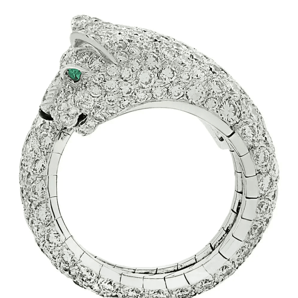 Cartier 1980s 18KT White Gold Diamond & Emerald Panther Ring profile