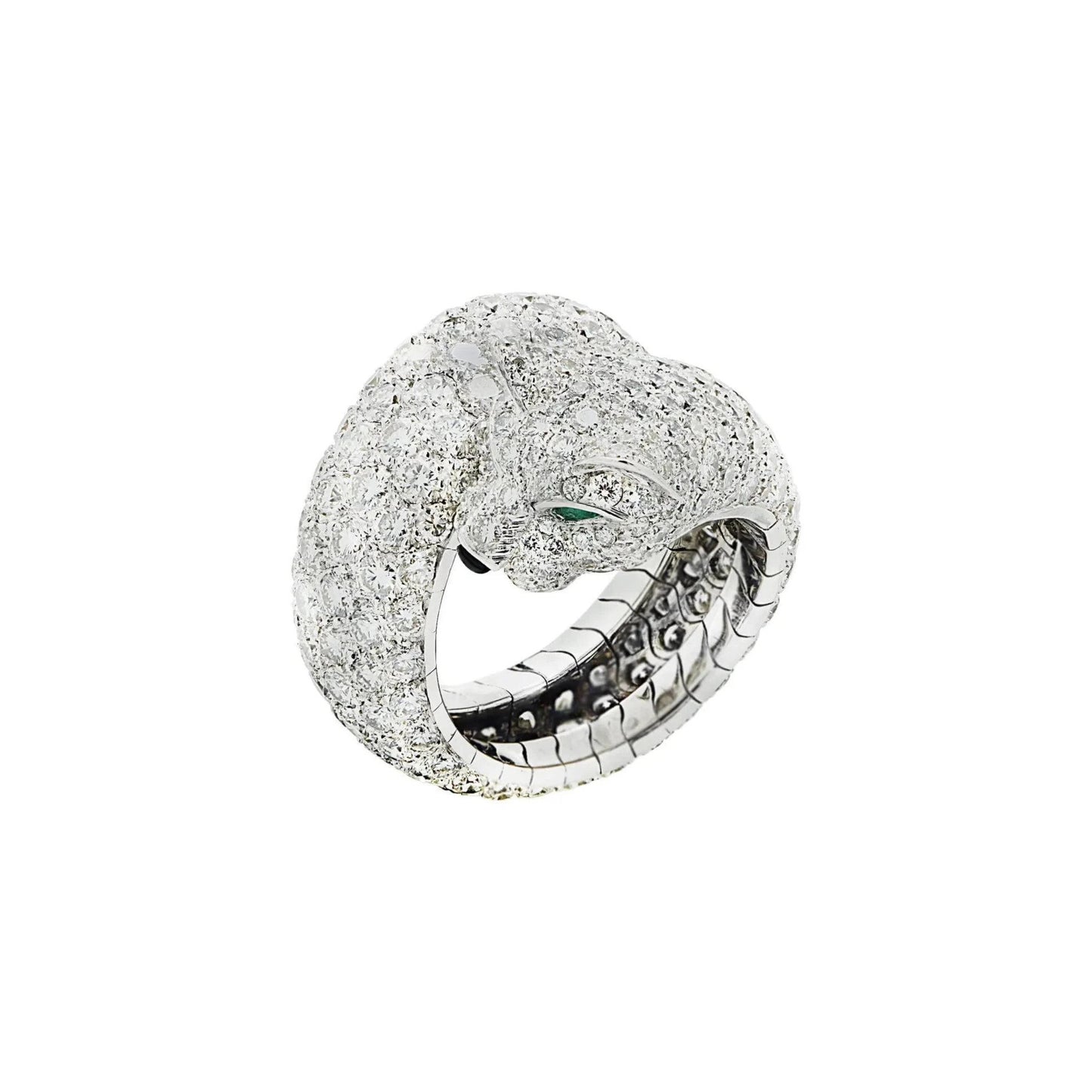 Cartier 1980s 18KT White Gold Diamond & Emerald Panther Ring front