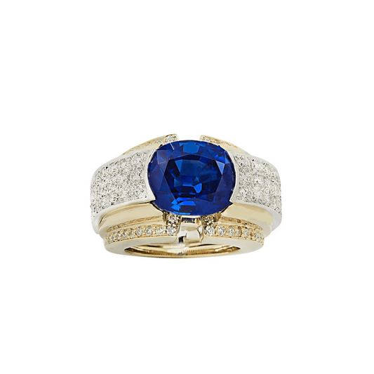 David Webb 1980s Platinum & 18KT Yellow Gold Sapphire & Diamond Ring front