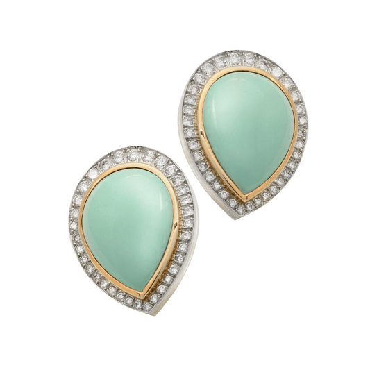 David Webb 1980s Platinum & 18KT Yellow Gold Turquoise & Diamond Earrings front