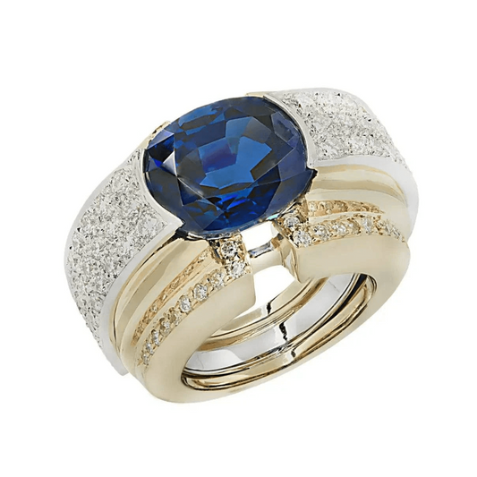 David Webb 1980s Platinum & 18KT Yellow Gold Sapphire & Diamond Ring front