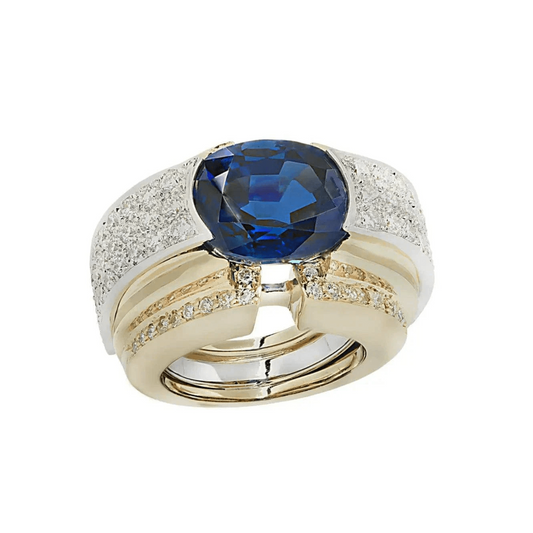 David Webb 1980s Platinum & 18KT Yellow Gold Sapphire & Diamond Ring front