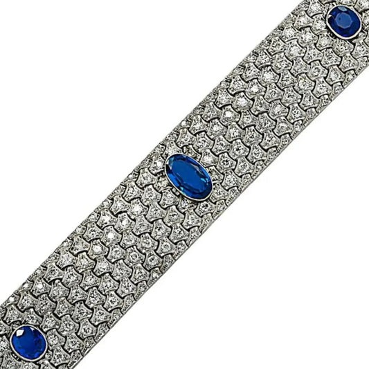 French Art Deco Platinum Sapphire & Diamond Bracelet close-up details