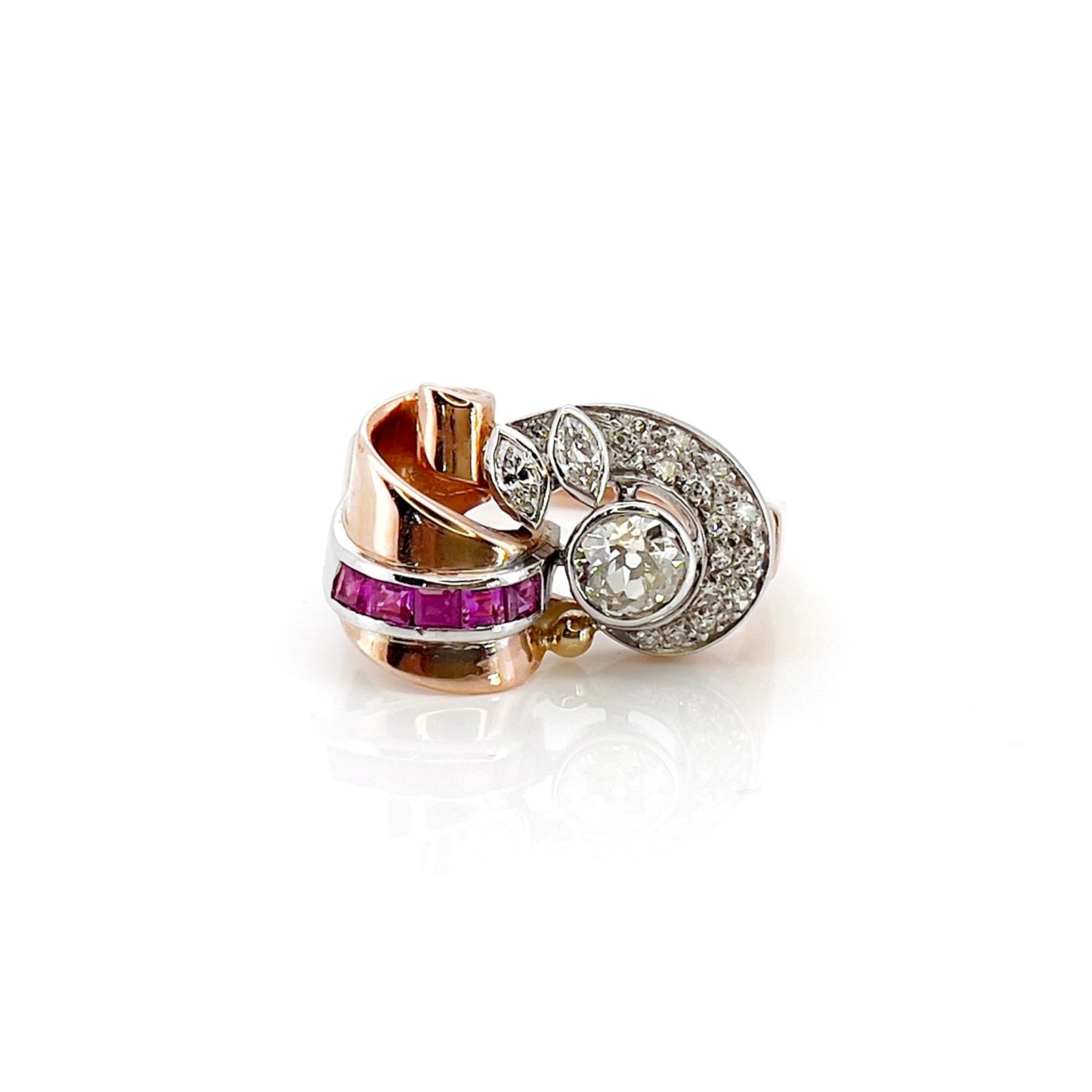 Retro 14KT Rose & Yellow Gold Diamond & Ruby Ring front