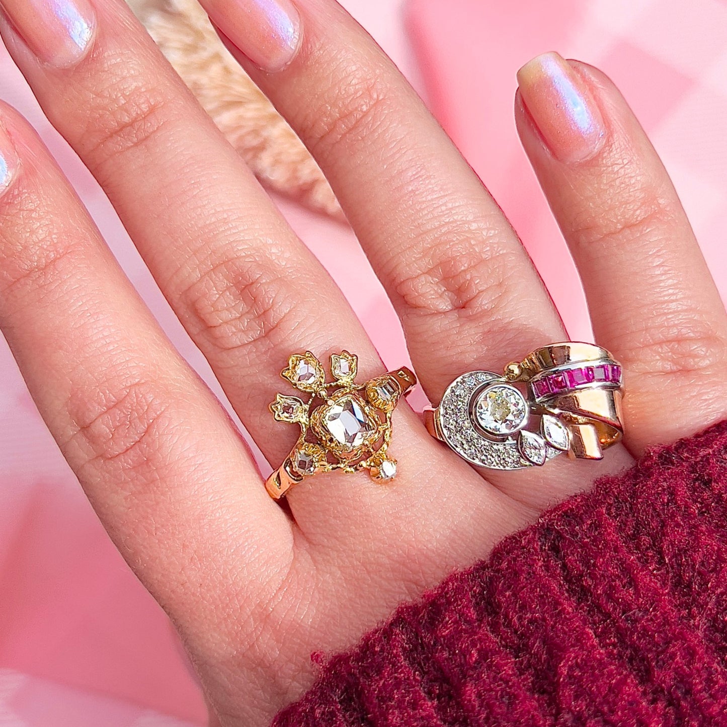 Retro 14KT Rose & Yellow Gold Diamond & Ruby Ring on finger