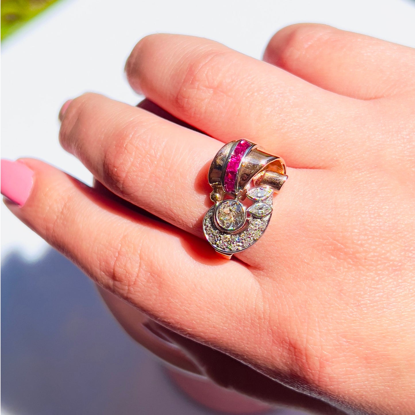 Retro 14KT Rose & Yellow Gold Diamond & Ruby Ring on finger