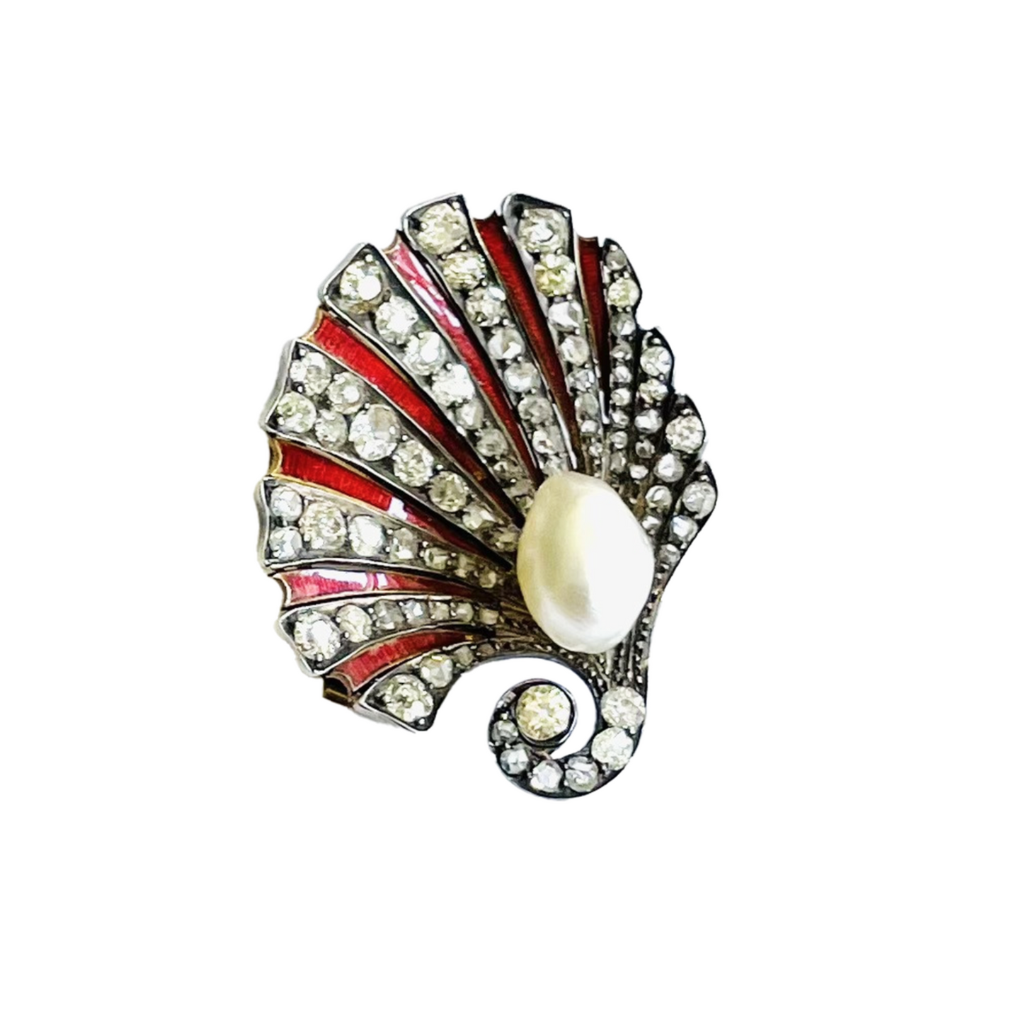 Antique Silver & 18KT Yellow Gold Natural Pearl, Diamond & Enamel Shell Brooch front
