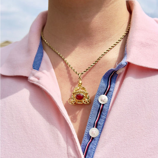 1970s 18KT Yellow Gold Carnelian Agate & Chalcedony Carriage Pendant on neck