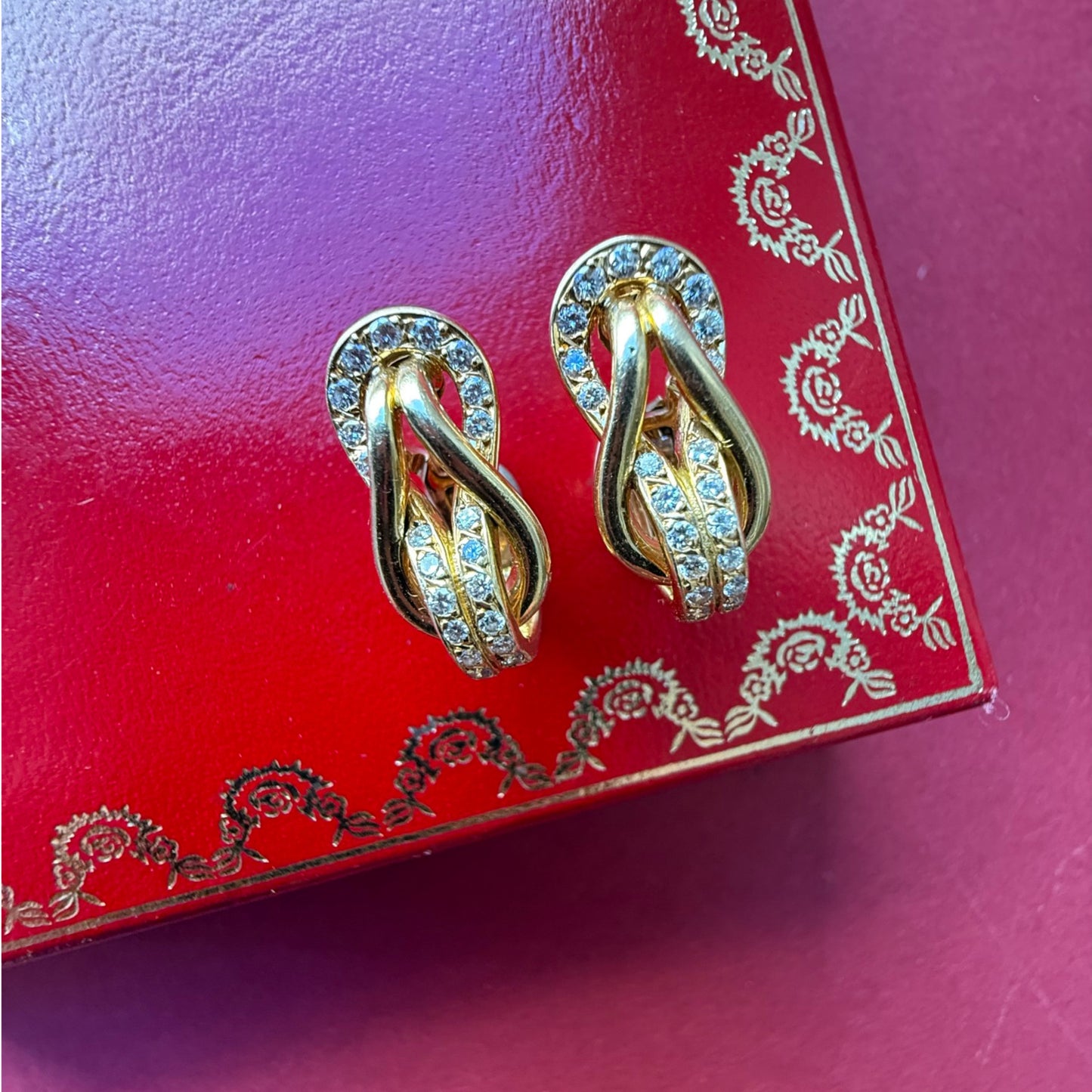 Cartier 1980s 18KT Yellow Gold Diamond Hercules Knot Earrings on back