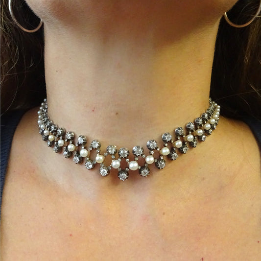 Antique Silver & 18KT Yellow Gold Natural Pearl & Diamond Necklace on neck