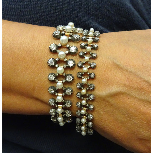 Antique Silver & 18KT Yellow Gold Natural Pearl & Diamond Necklace on wrist