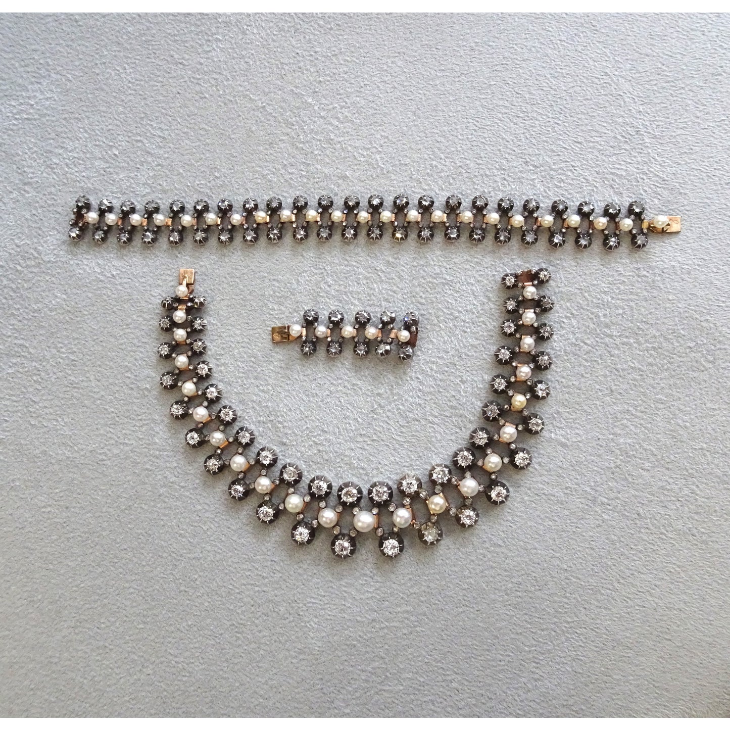 Antique Silver & 18KT Yellow Gold Natural Pearl & Diamond Necklace front