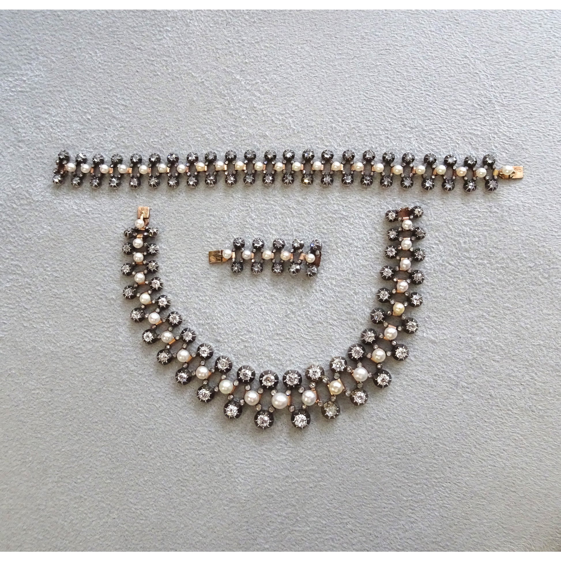 Antique Silver & 18KT Yellow Gold Natural Pearl & Diamond Necklace front