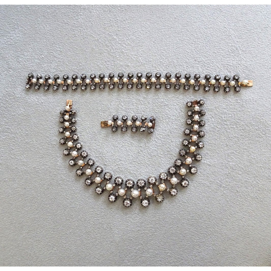 Antique Silver & 18KT Yellow Gold Natural Pearl & Diamond Necklace front