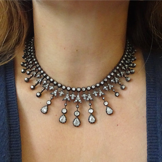 Antique Silver & 18KT Yellow Gold Diamond Necklace on neck
