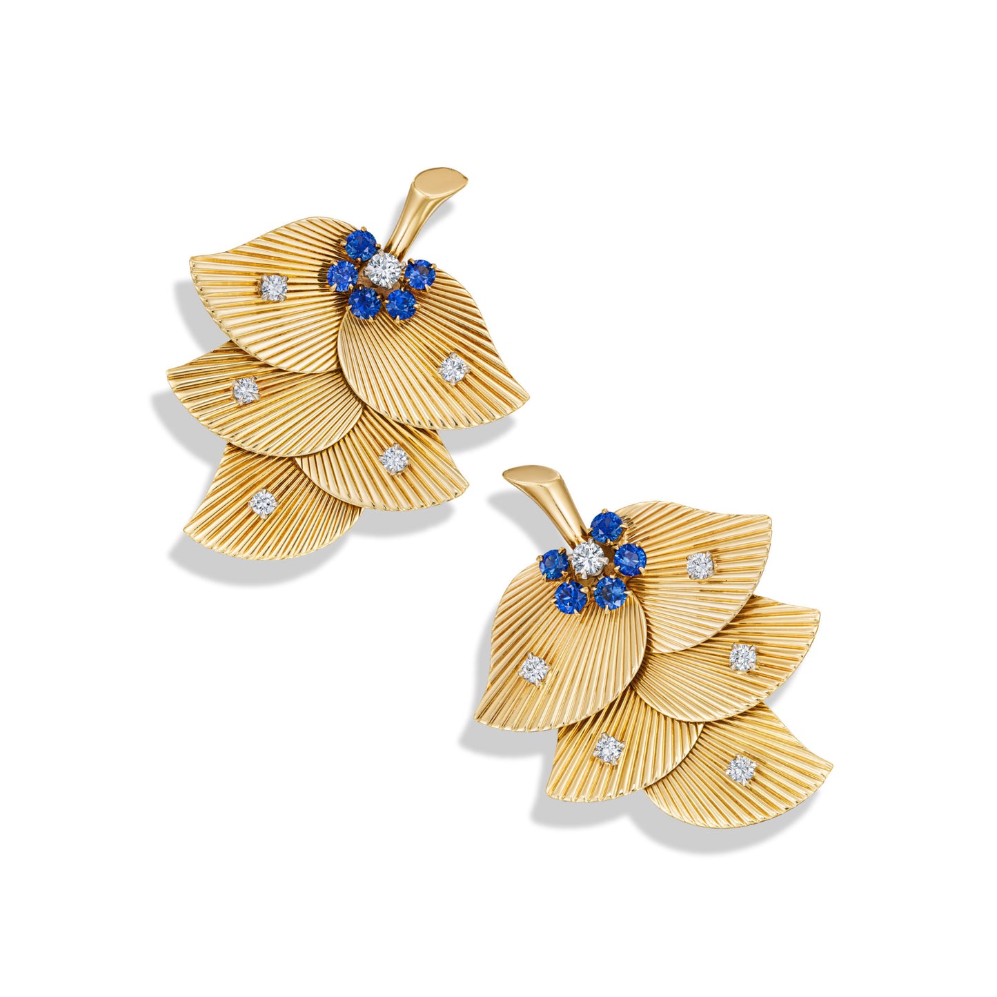 Raymond Yard 1940s 18KT Yellow Gold Sapphire & Diamond Brooch Set front