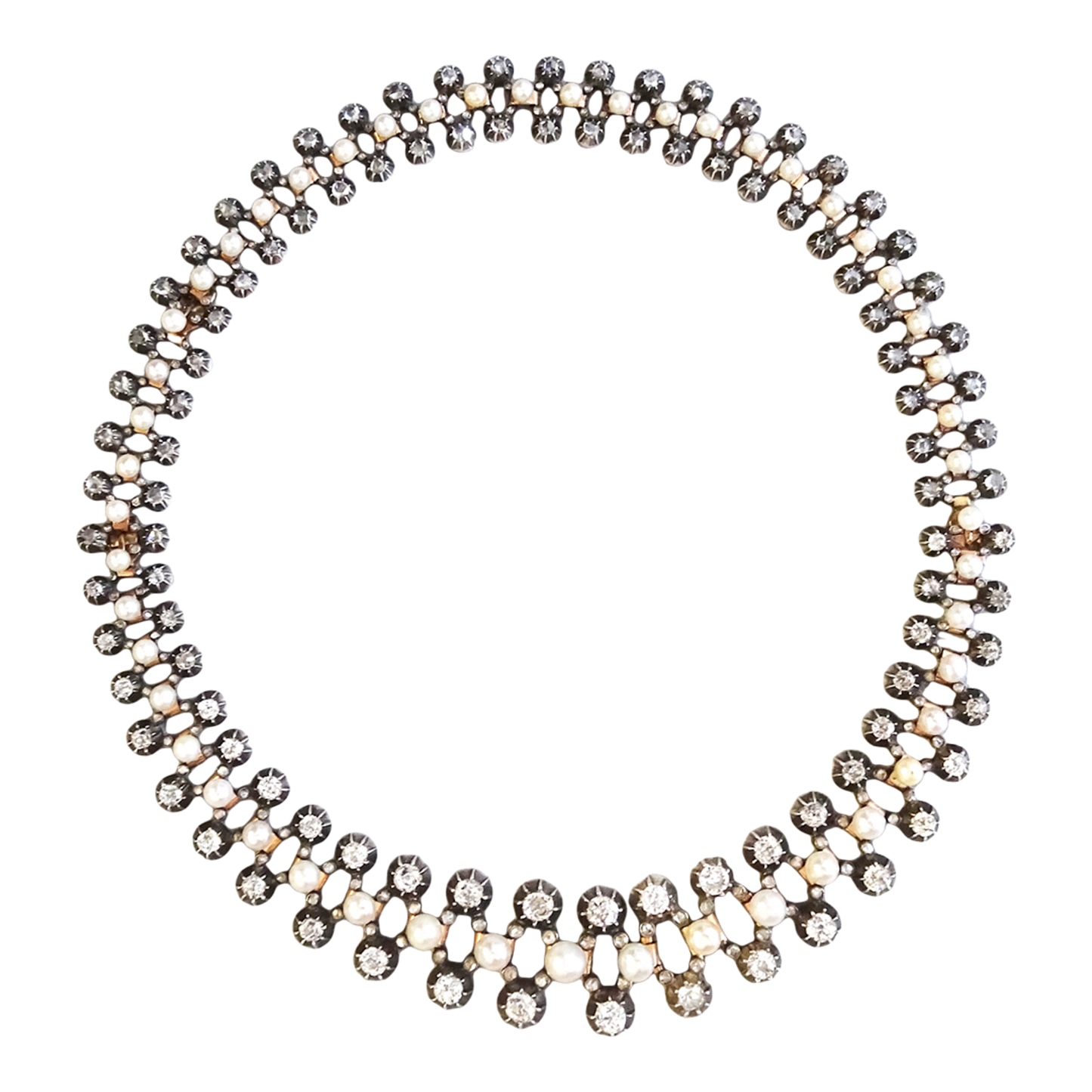 Antique Silver & 18KT Yellow Gold Natural Pearl & Diamond Necklace front