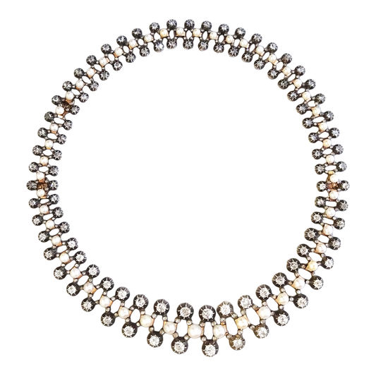 Antique Silver & 18KT Yellow Gold Natural Pearl & Diamond Necklace front